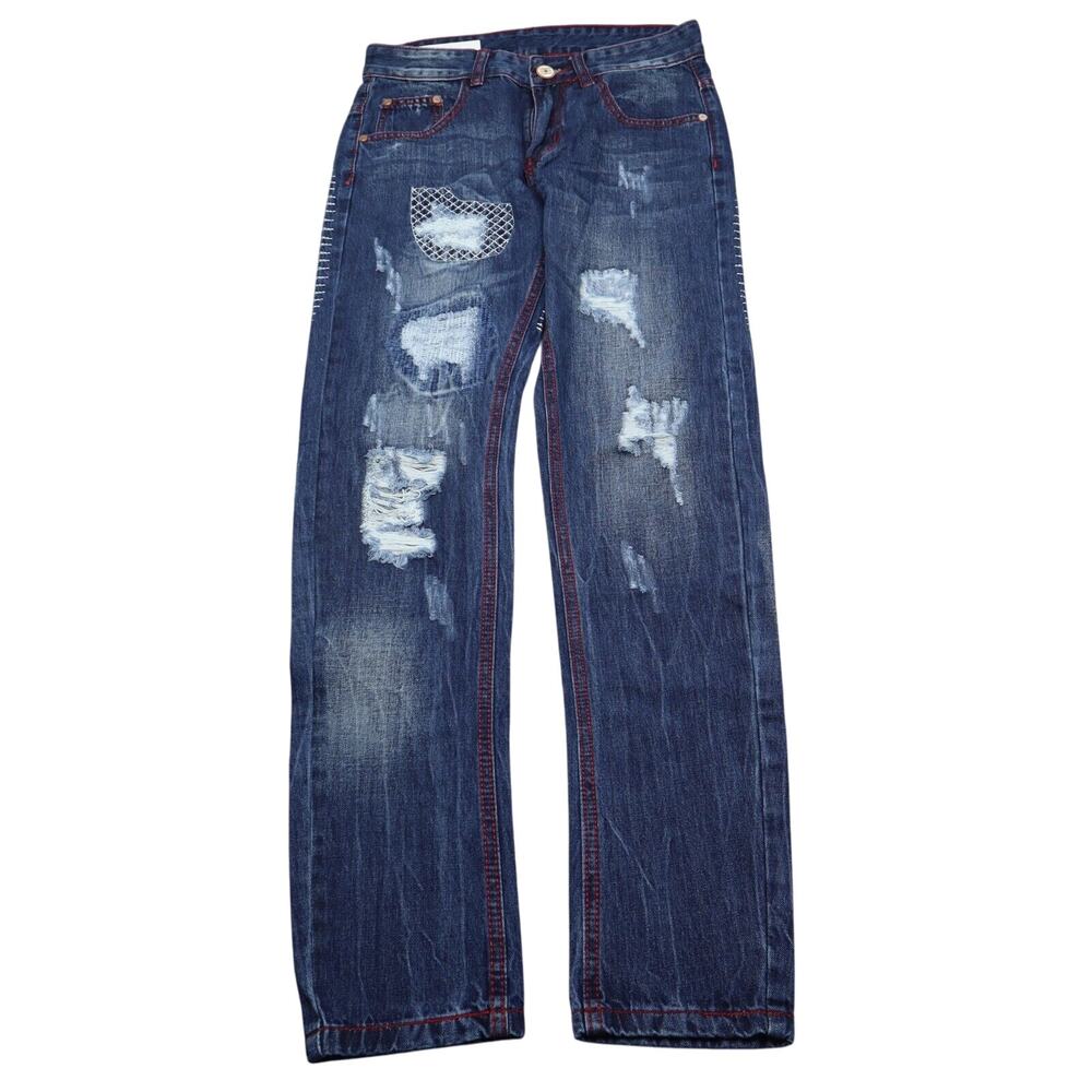 Fashion Jeans Womens 28 Blue Mid Rise Flat Front Button Distressed Denim Pants